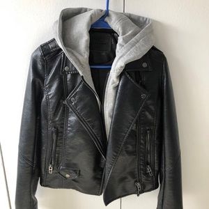 Blank NYC Black Leather Jacket with Gray Hoodie